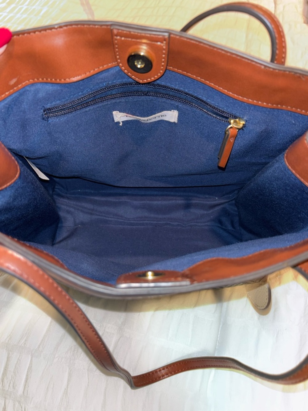 Liz Claiborne Blue Geometric Tote Bag Brown Trim Shoulder Purse - Picture 6 of 9